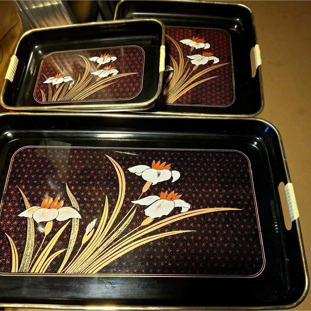 Lacquerware Tray Set Painted Shikki Ware 3 Piece Nesting Barware Serving Trays